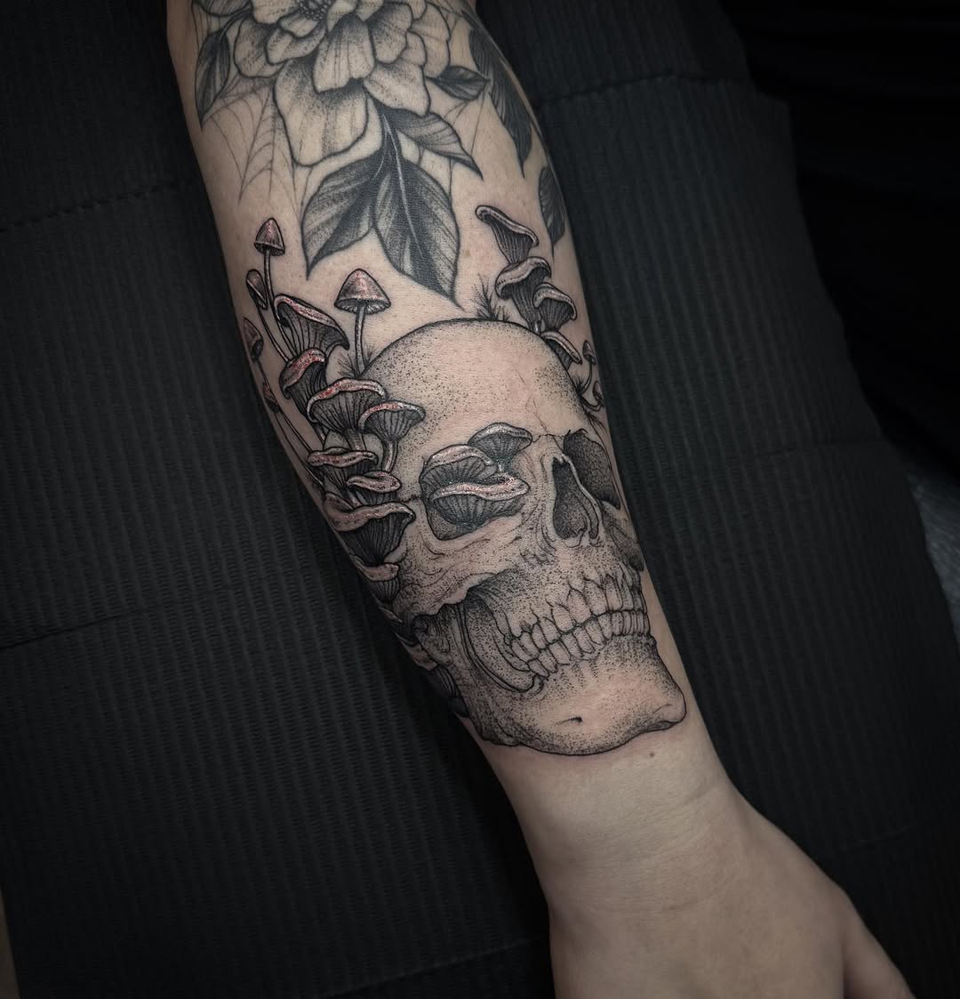 Skull with Mushrooms