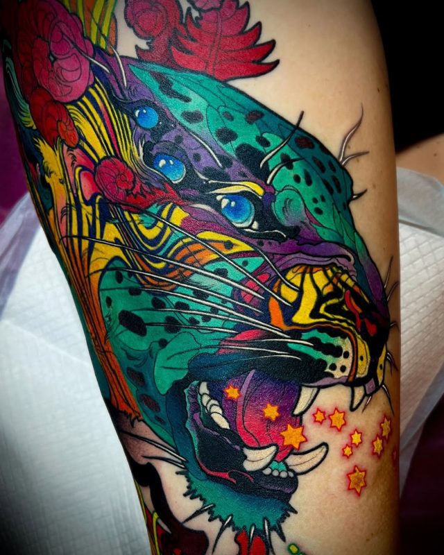 Colorful roaring leopard