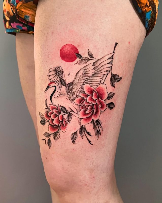 Crane and Peonies