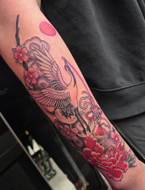 Crane and Flowers